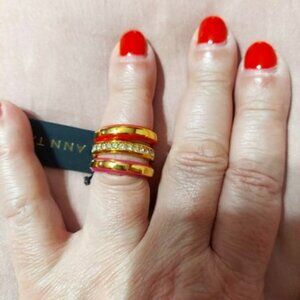 NWT Ann Taylor Set of 3 Gold Tone, Coral, and CZ stack rings size 8